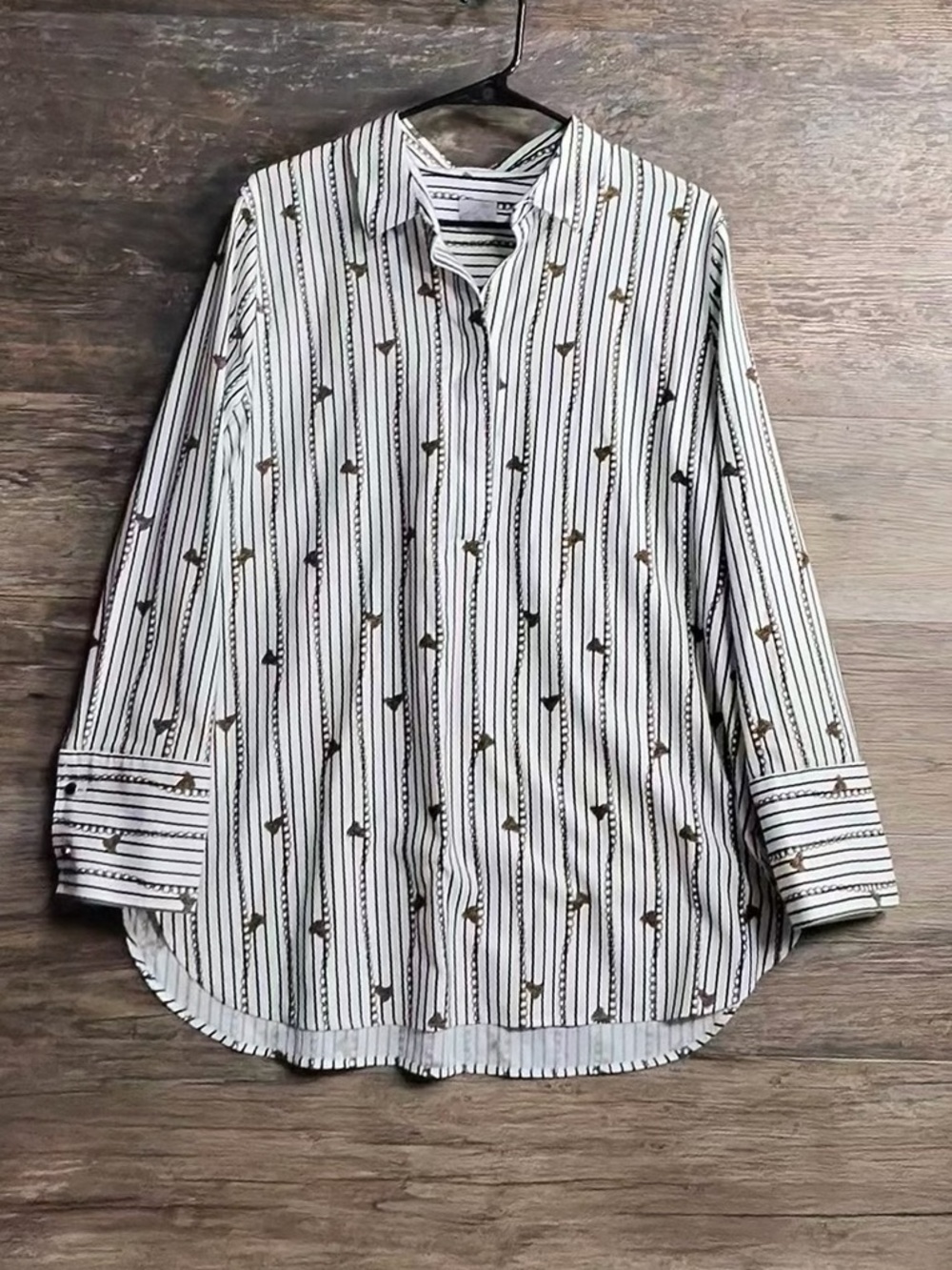 Chico's White and Black Striped Button-Down with Brown Motif